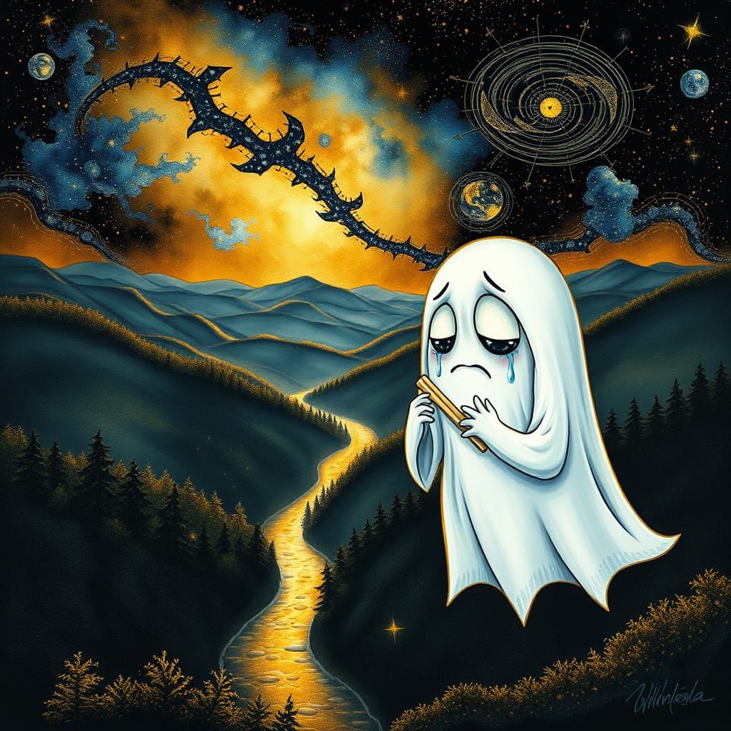 Ethereal Starscape with Weeping Ghost in Fantasy Style
