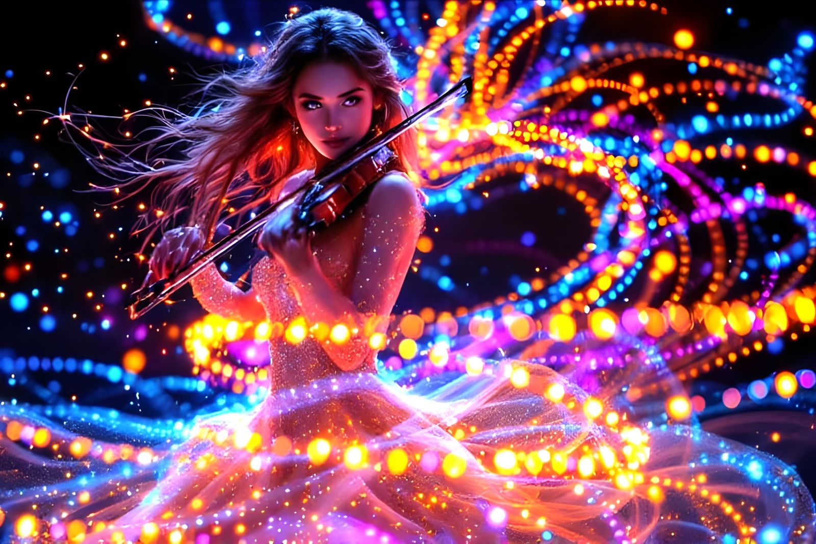 Violinist Made of Fairy Lights Dancing Dynamically