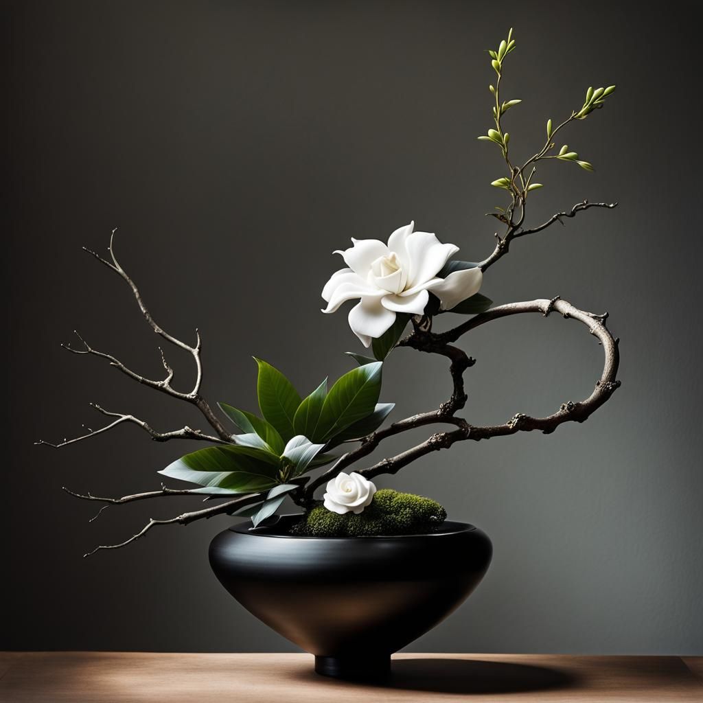 Dramatic Ikebana Arrangement with Hazel and Gardenia
