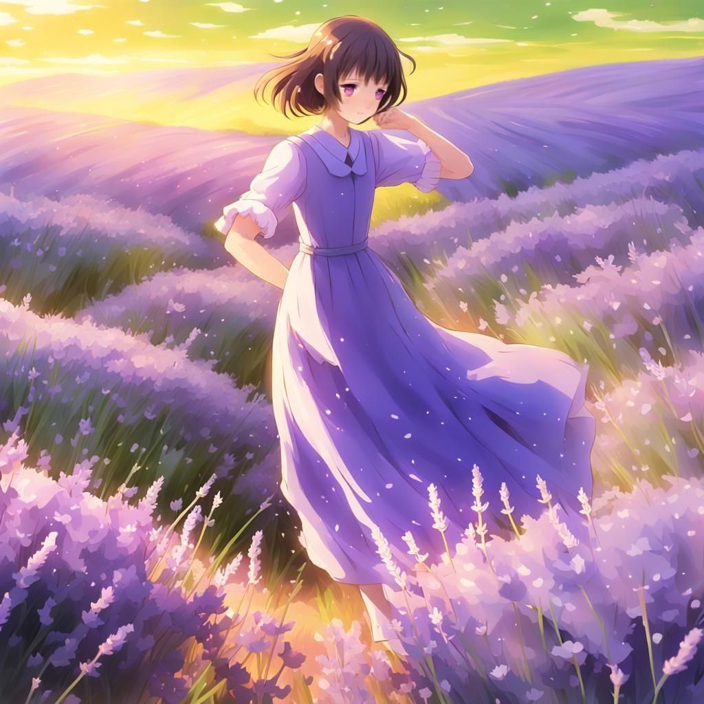 Majestic Anime Goddess Surrounded by Lavender