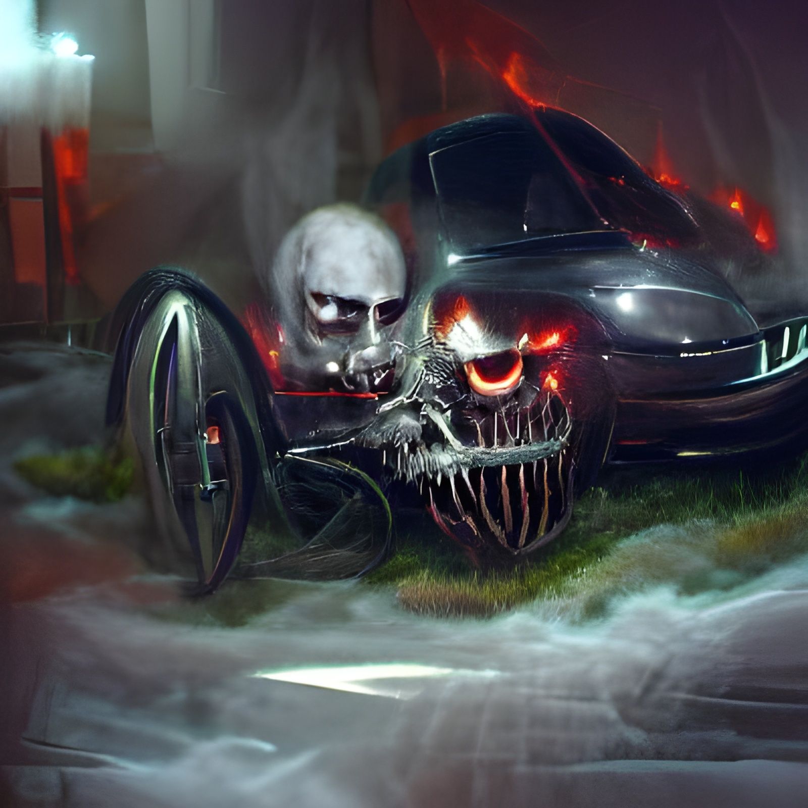 Sinister Skeleton Car in a Fiery Nightmare