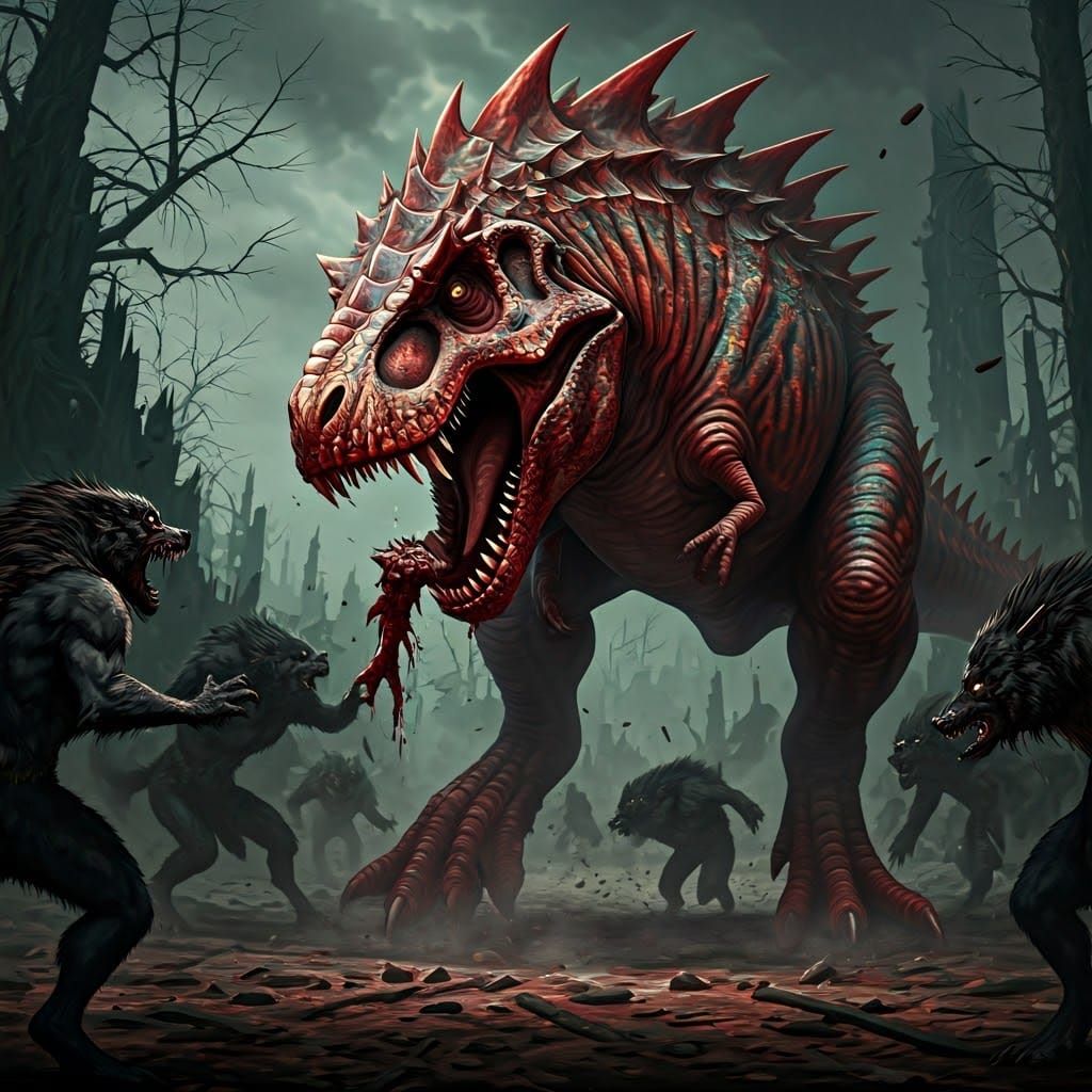 Opal-Skinned T-Rex Rending Werewolf: A Matte Painting