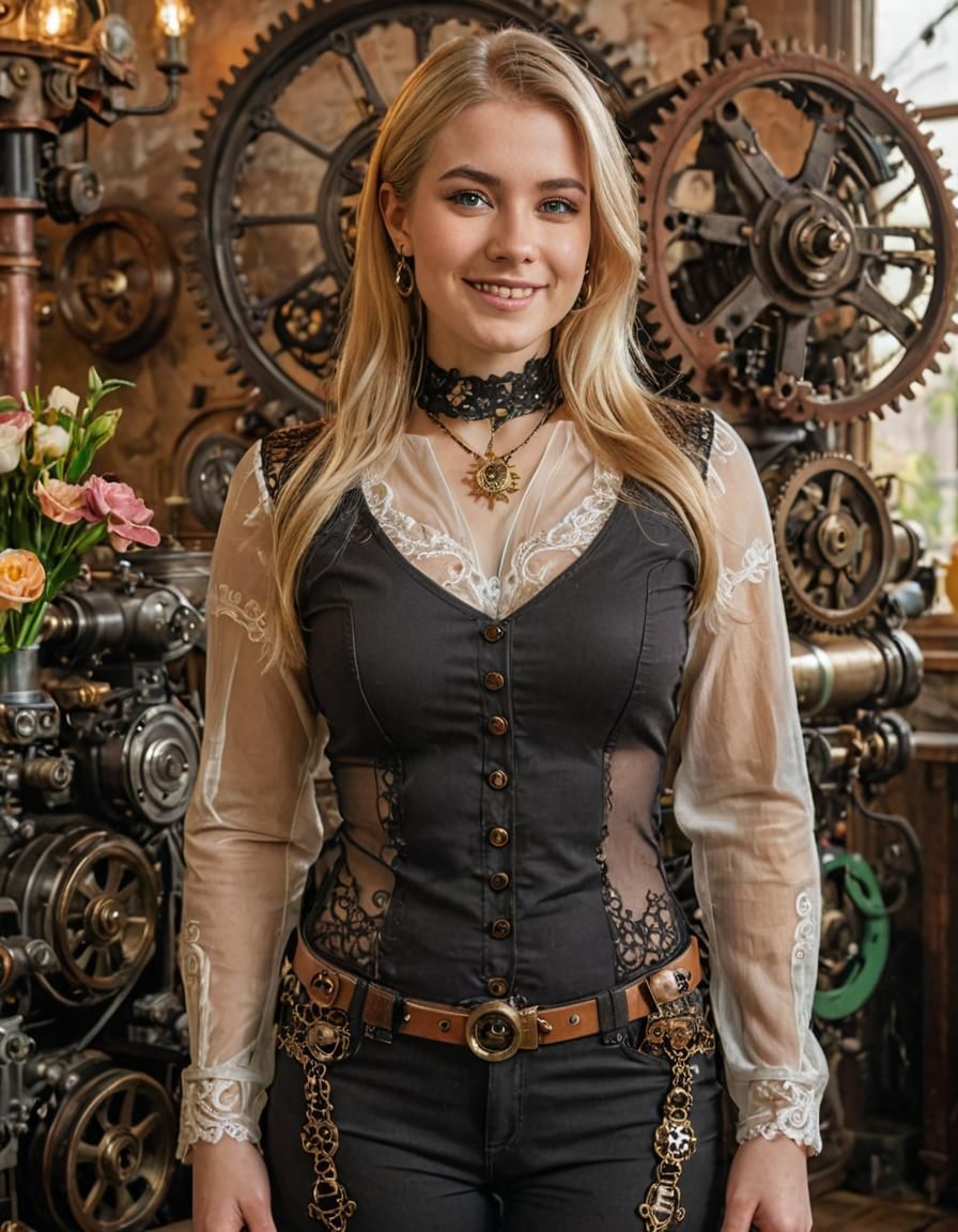 Steampunk Blonde Portrait with Brass Gears