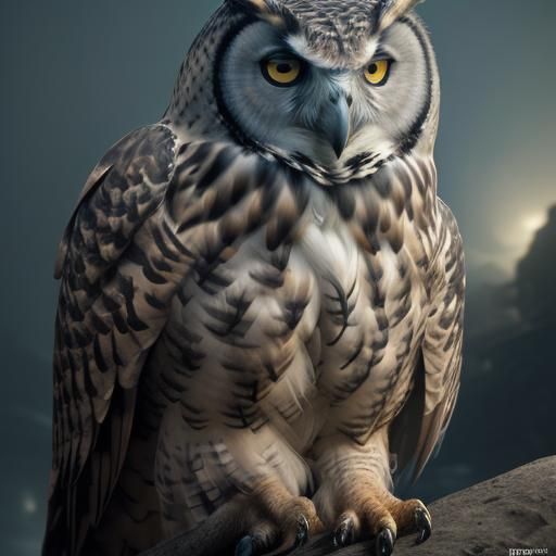 Dramatic Eagle Owl with Metal Beak: Digital Painting