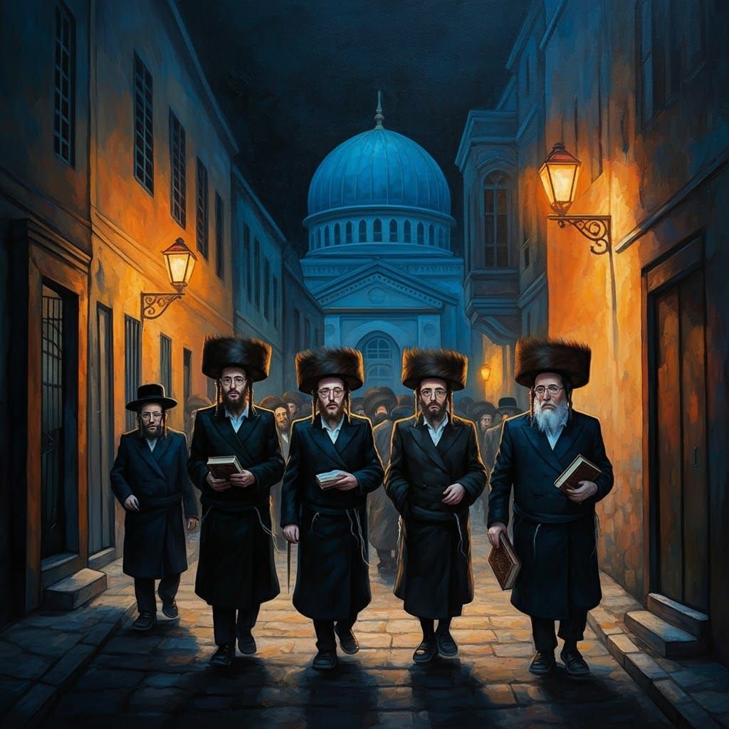 Hasidic Men in Dimly Lit Street, Evocative Painting