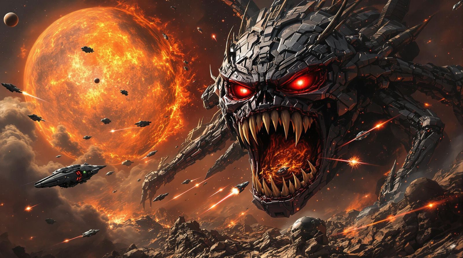 Cyborg Planet Devouring Moon in Dark Sci-Fi Style