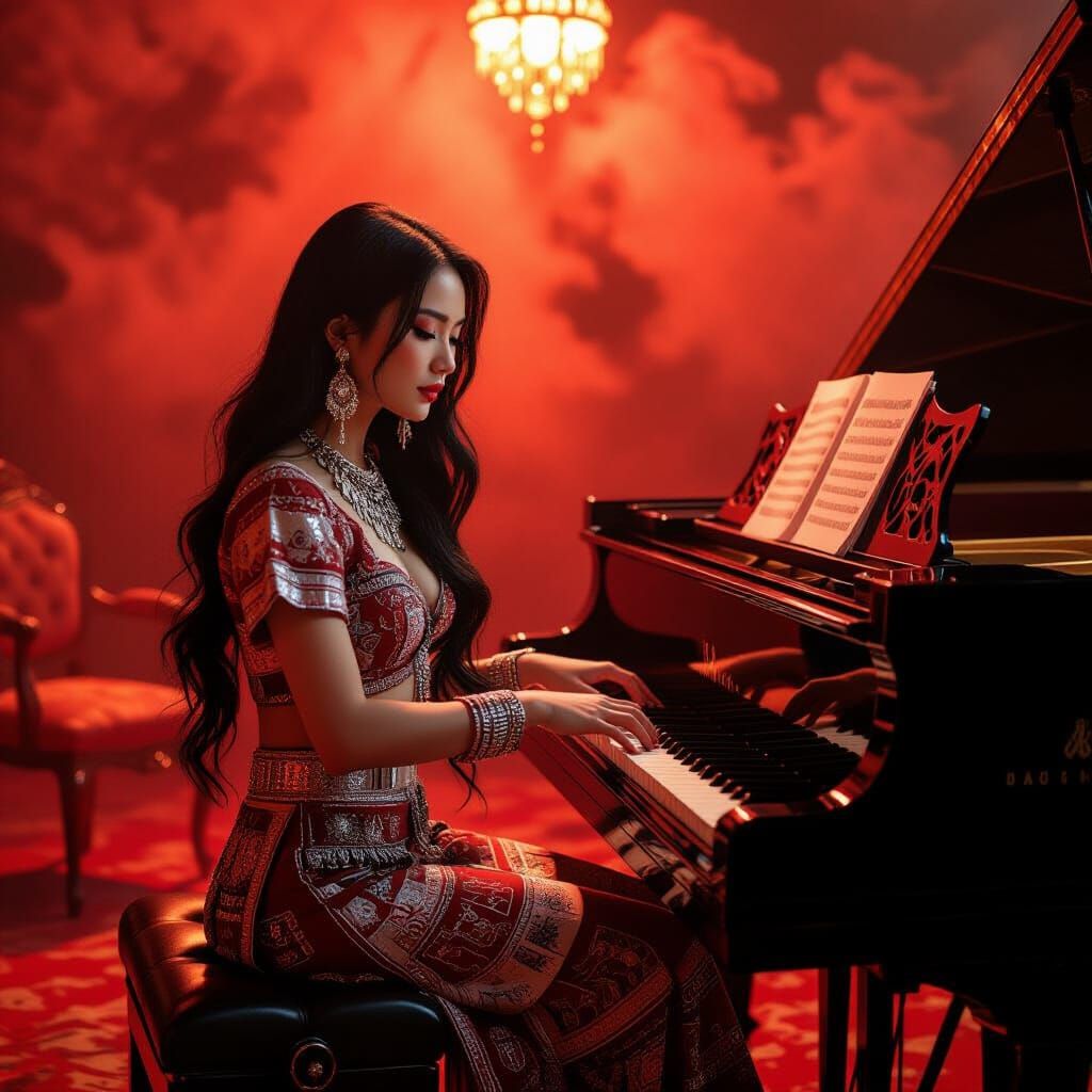 Hmong Woman Plays Piano in Surrealist Dreamscape