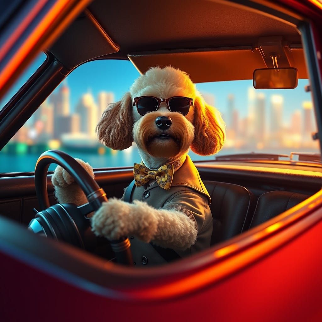Poodle Takes the Wheel in a Retro-Futuristic Sports Car