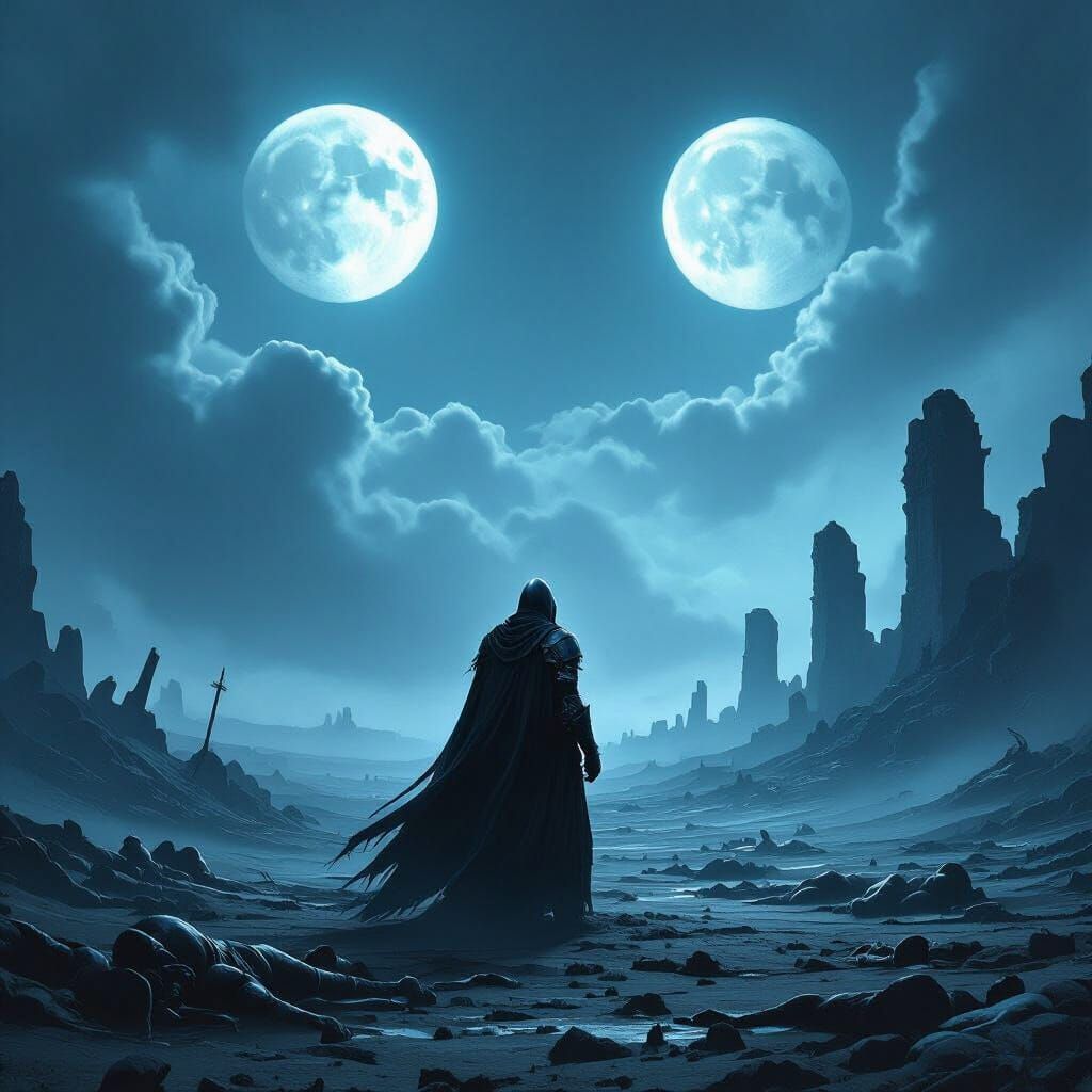 Knight in Obsidian Armor on Desolate Battlefield Under Twin ...