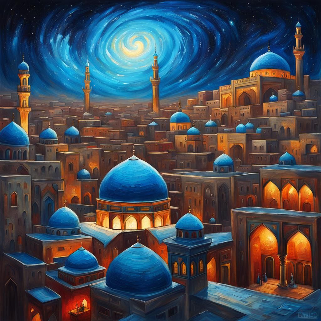 Arabian City Under Galaxy in Impasto Style