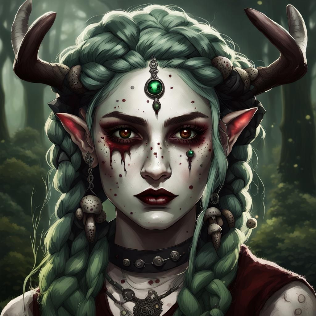 Swamp Witch Portrait with Antlers and Dark Eyes