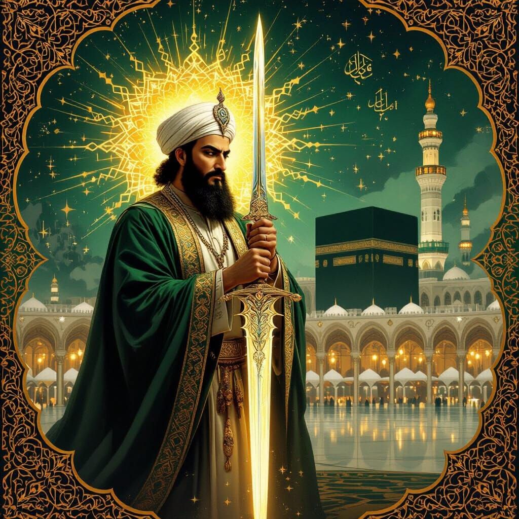 Imam Ali with Zulfiqar Sword & Kaaba in Islamic Art Style