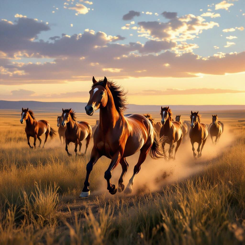 Chestnut Horses Gallop Across Vast Plains