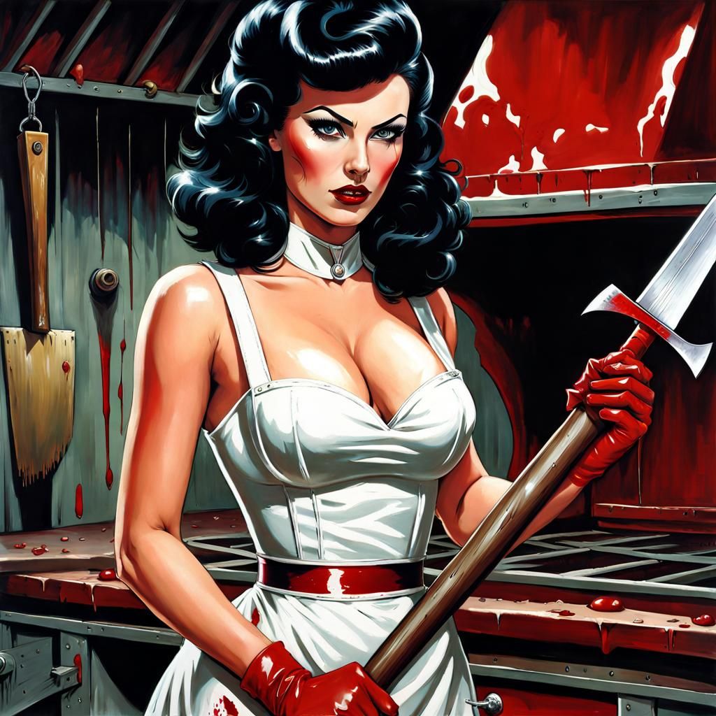 Scary Woman with Axe in Slaughterhouse, Horror Comic