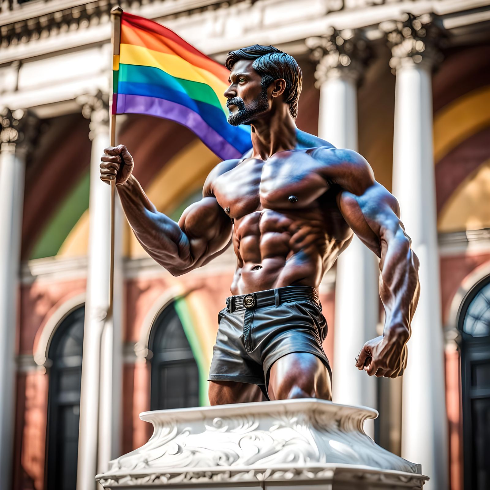 Rainbow Marble Sculpture: Muscular Man with Pride Flag