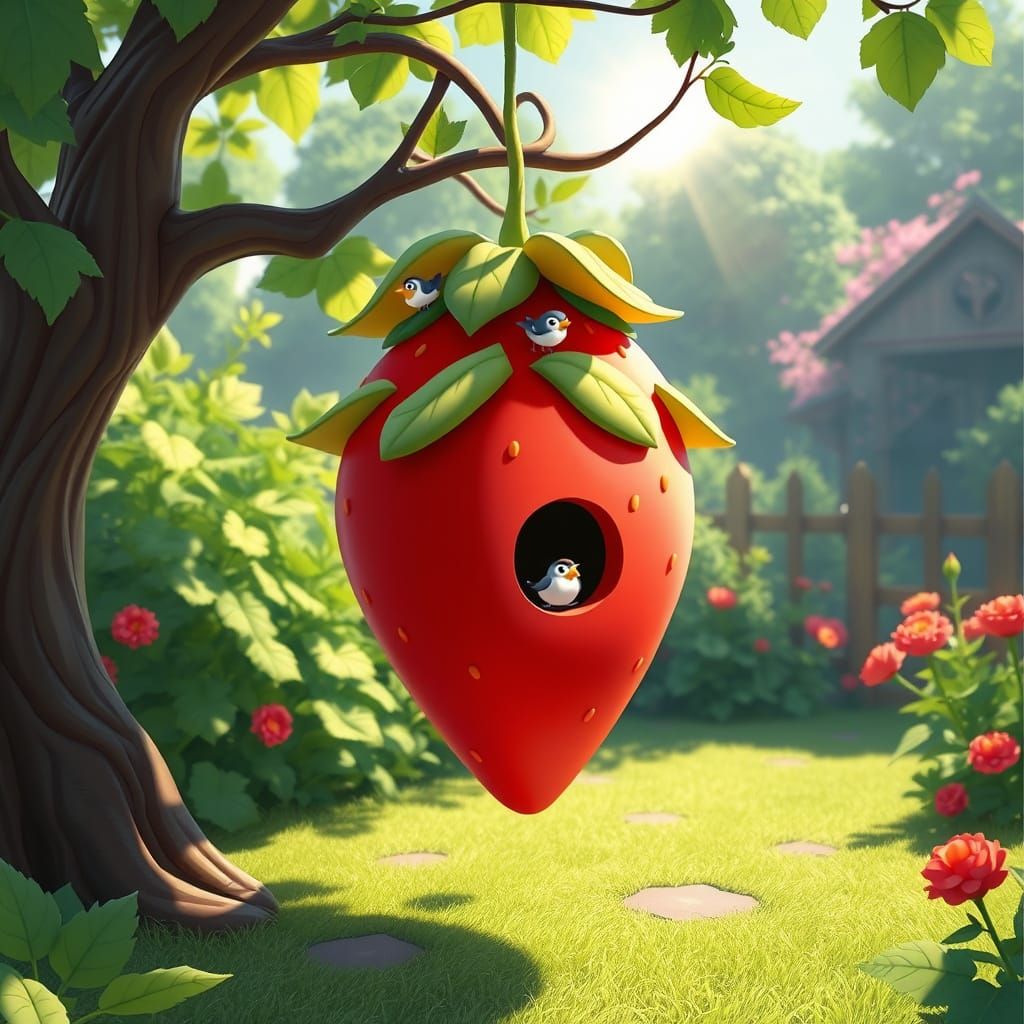 Strawberry Birdhouse in Cartoon Style