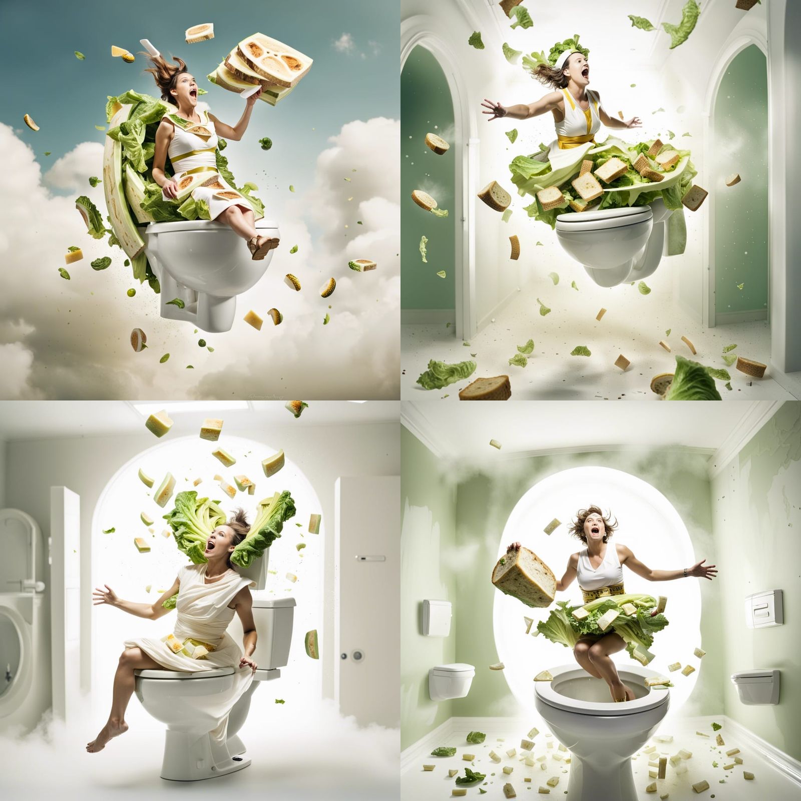 Woman Dressed as Salad Flies Over Toilet