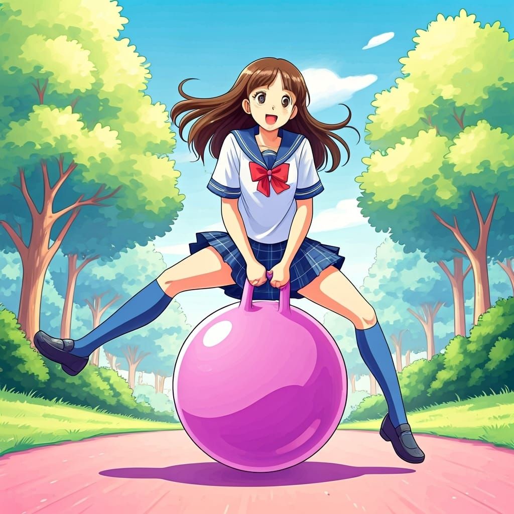 Schoolgirl on Space Hopper in 90s Anime Style