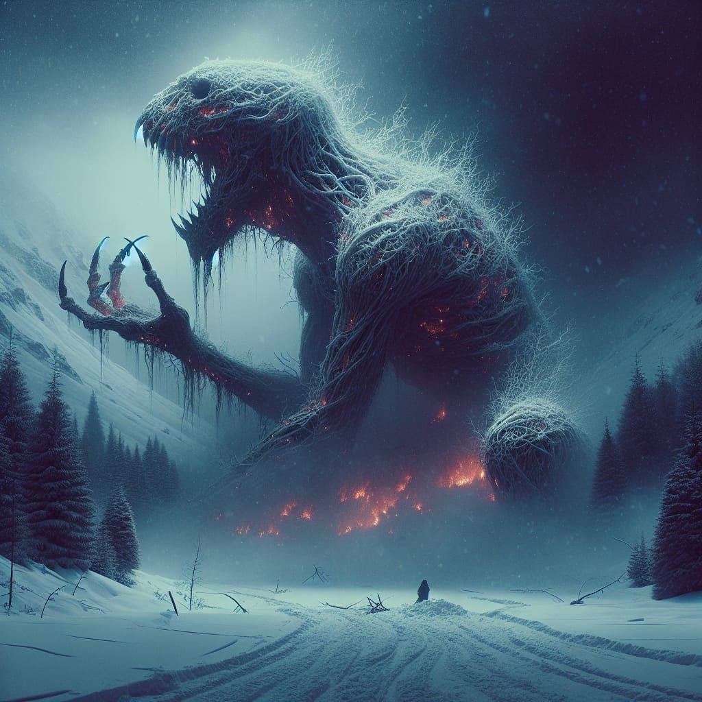 Dark Symbolic Snow Monster in Haunting Winter Landscape