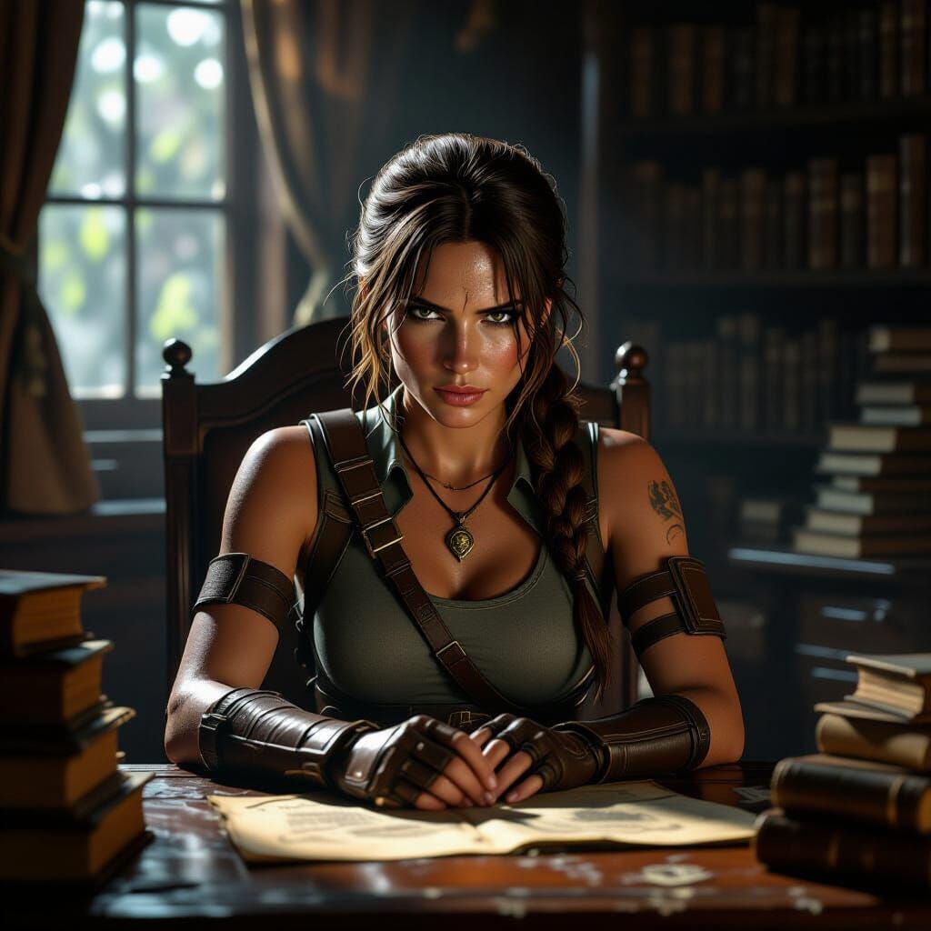 Melancholic Lara Croft in Dimly Lit Study