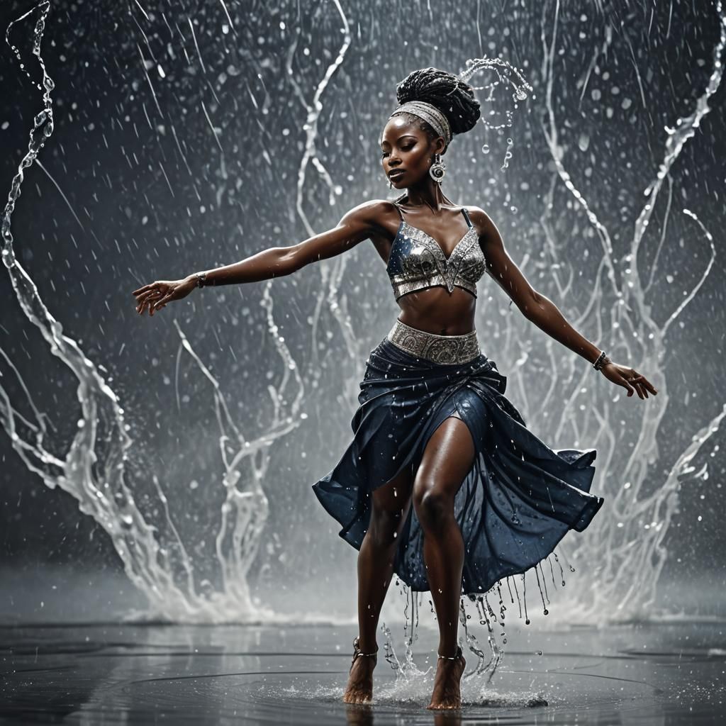 African Woman Dancing with Water Drops Stock Photo