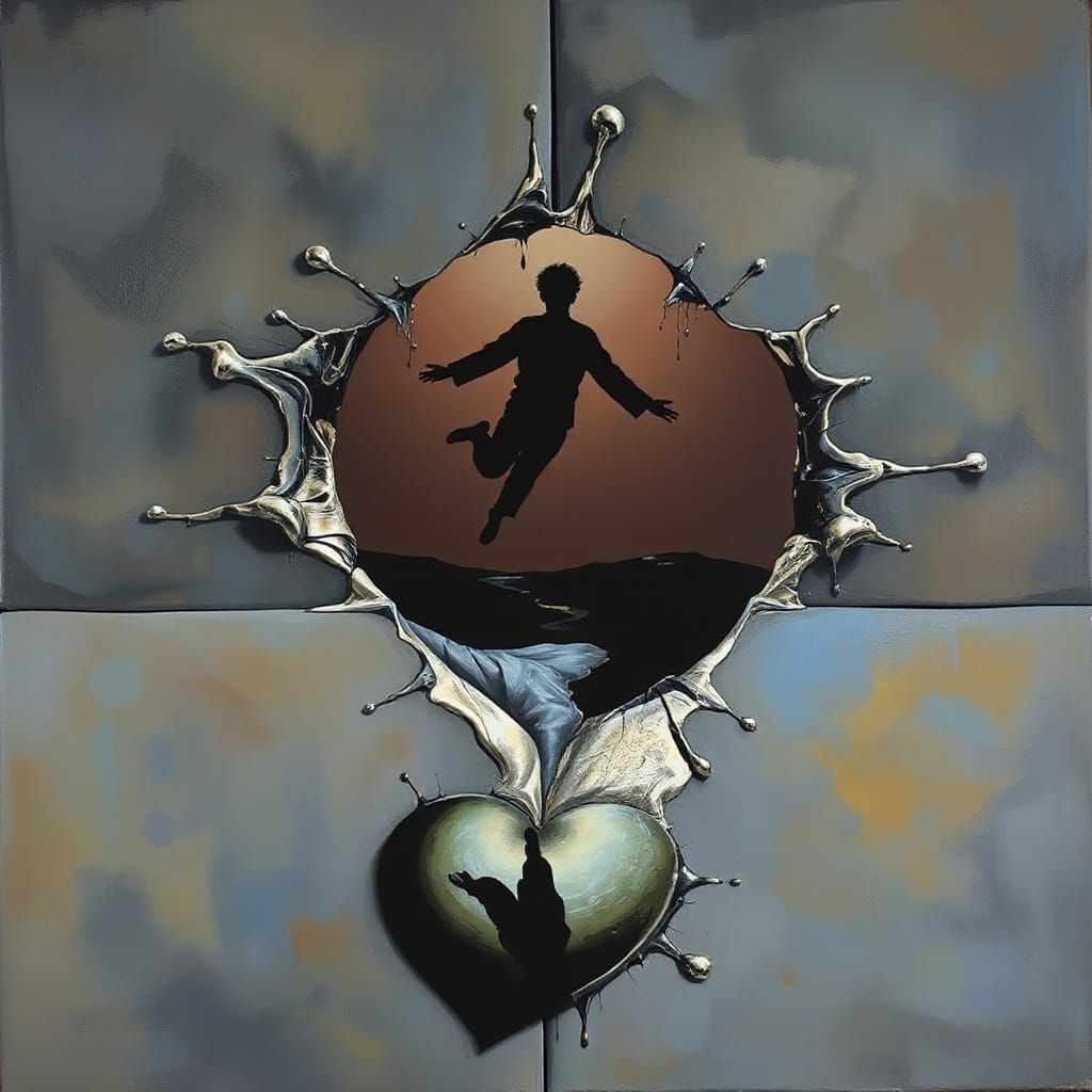 Surreal Figure Falling into Abyss with Black Heart