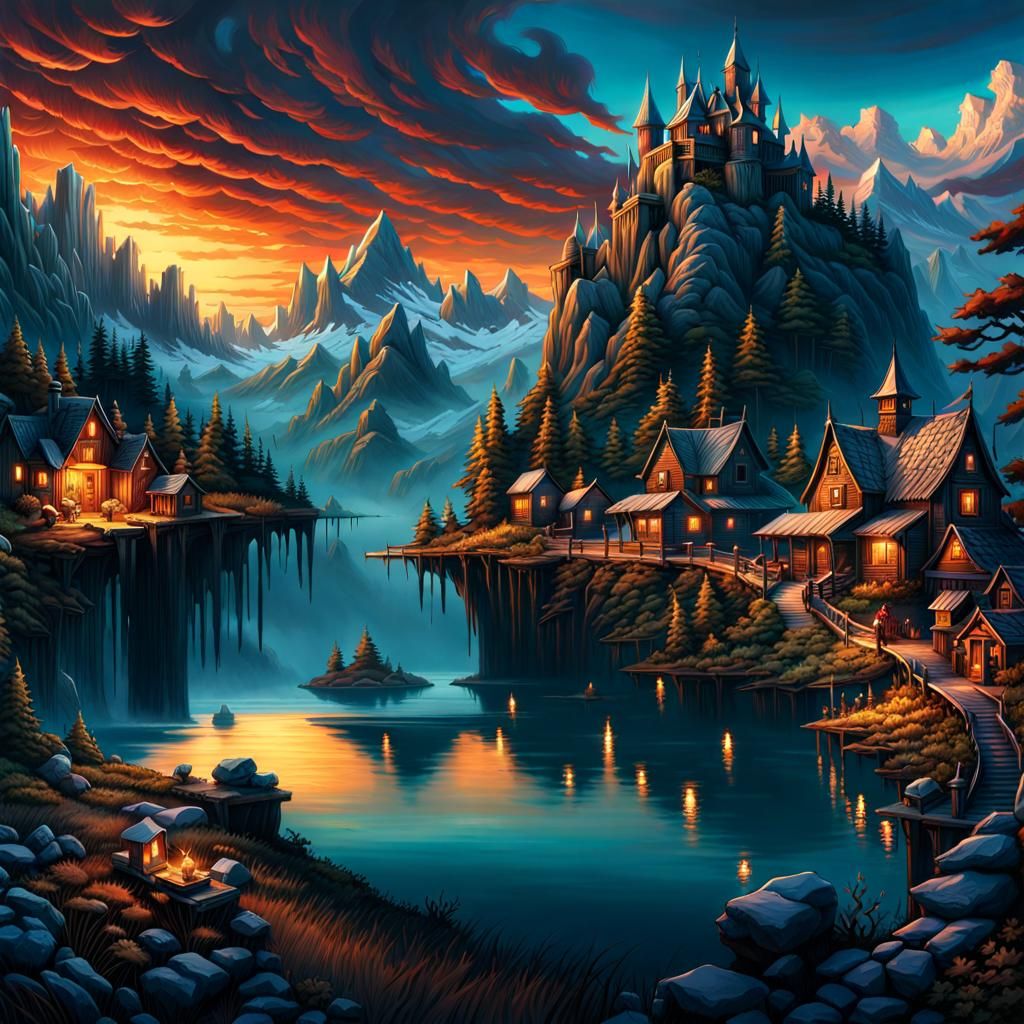 Haunted Mountain Village by James Christensen, Digital Art