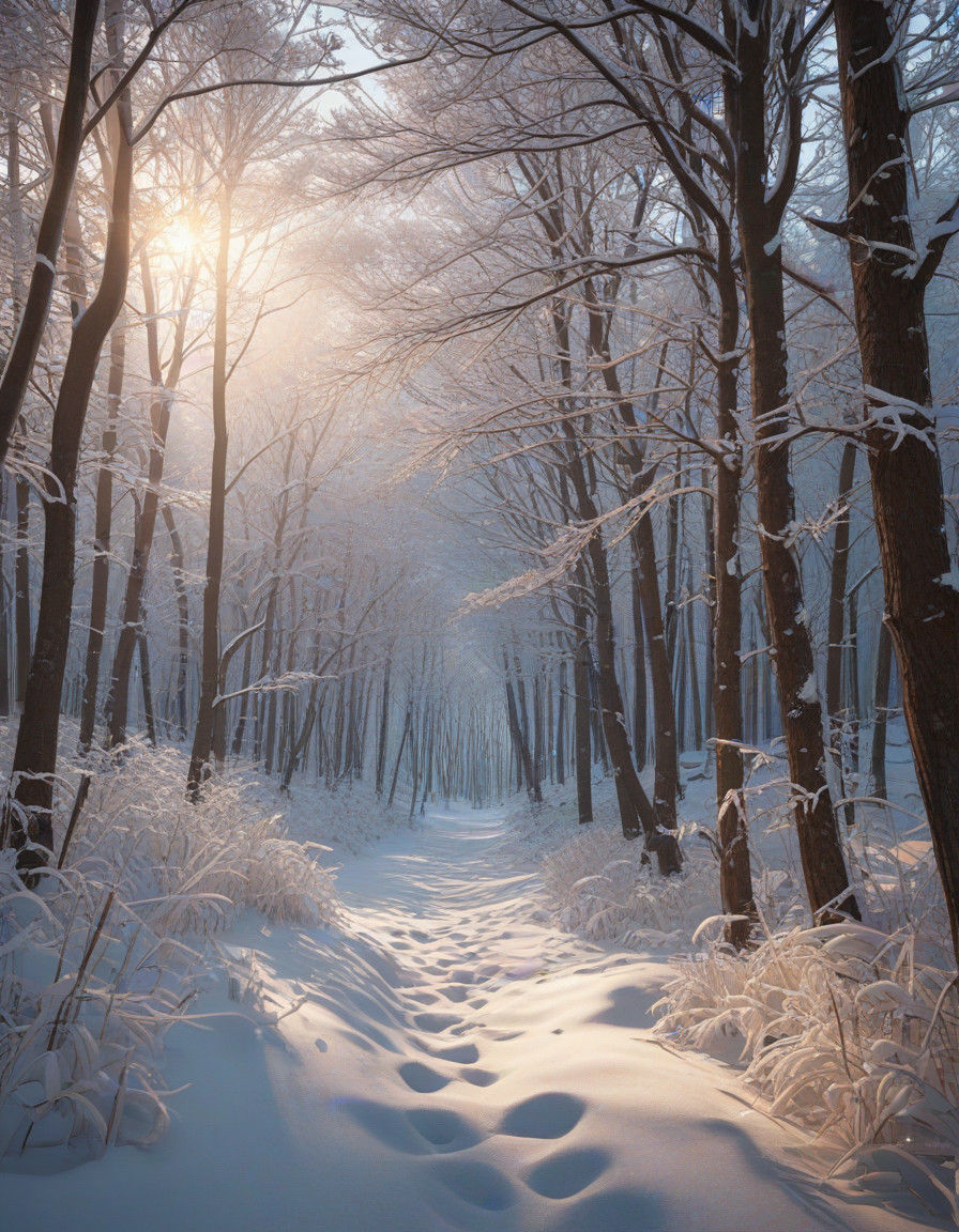 Luxurious Golden Glow Illuminates Snowy Forest with Frost-Co...