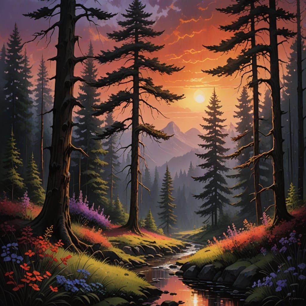Hazy Pine Forest Sunset with Purple Flowers in Sumi-e Style