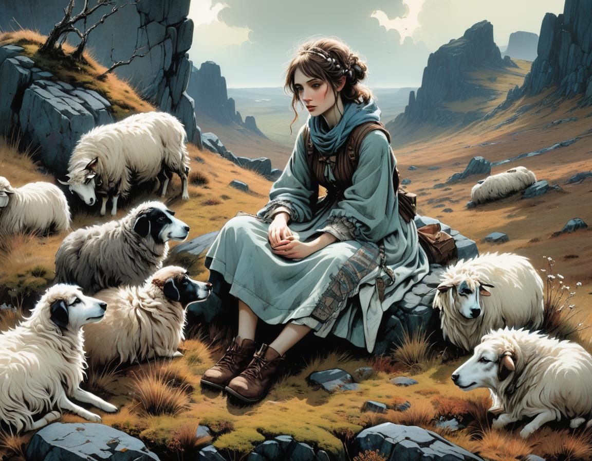 Girl with Sheep in Barren Landscape