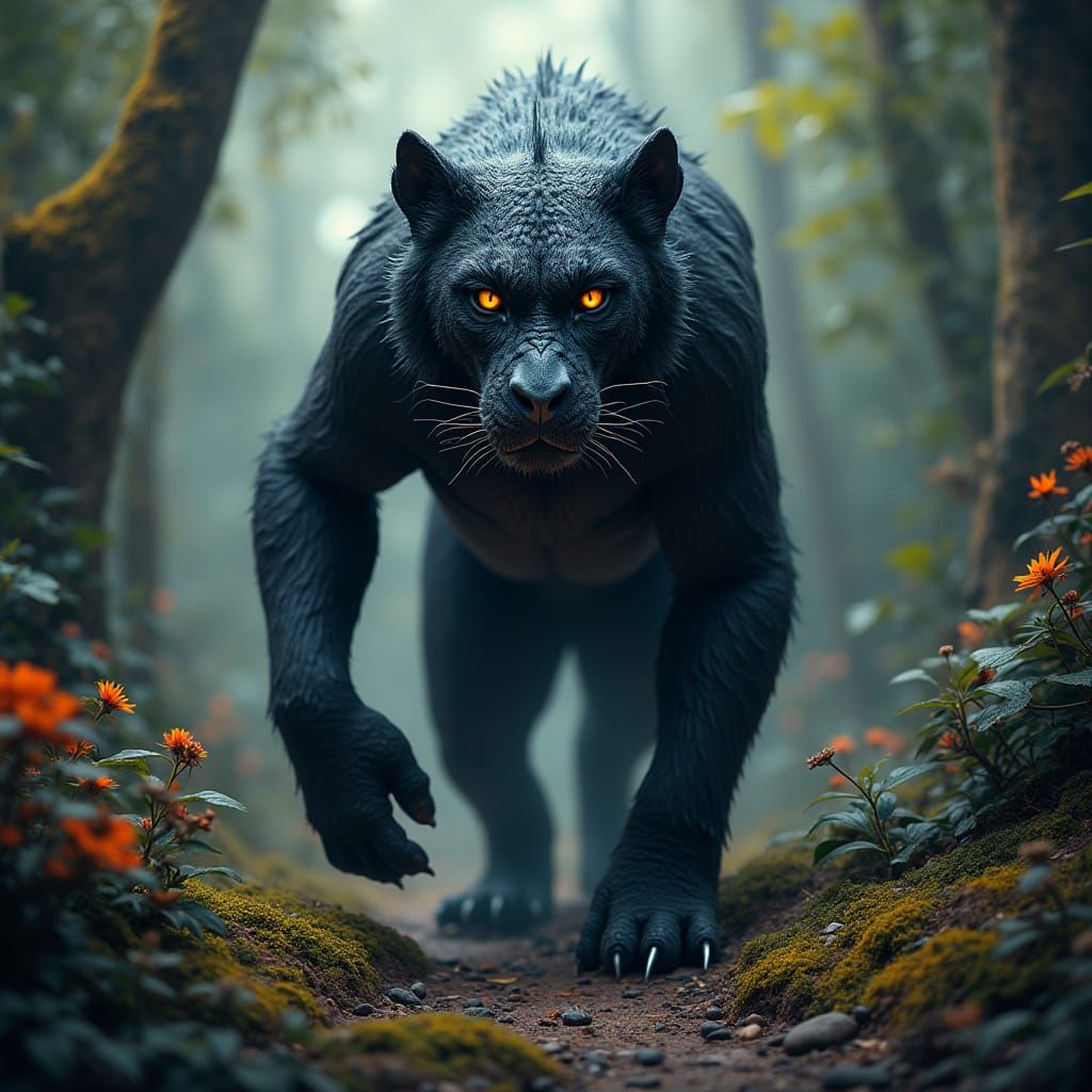 Mystical Black Creature Fusion in Detailed Matte Painting