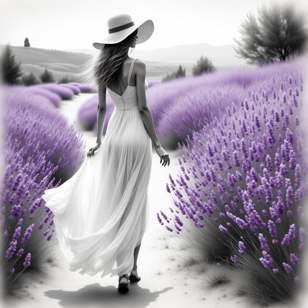 Woman Strolling Through Lavender Fields in Soft Black and Wh...