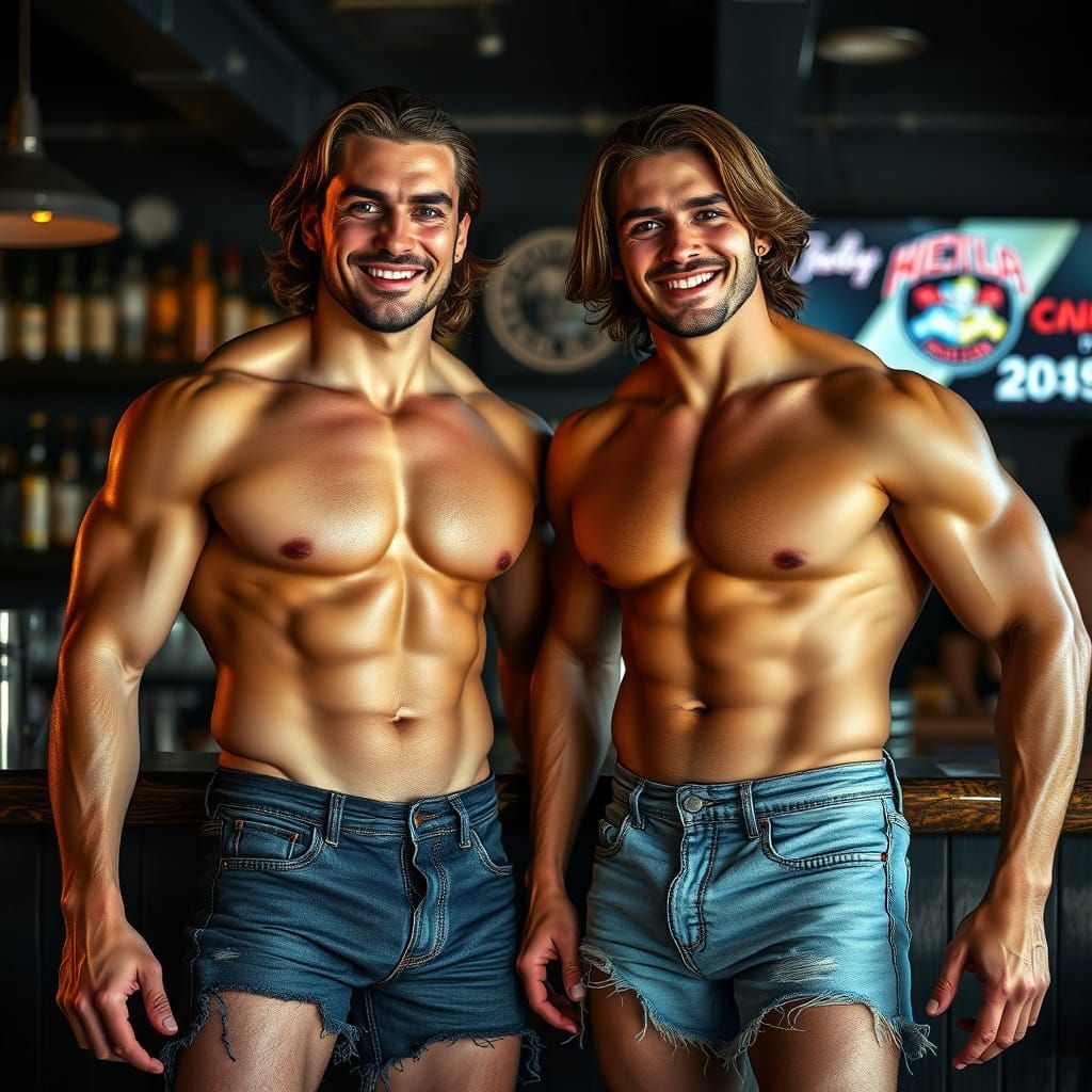 Photorealistic Image of Two Muscular Men at a Bar