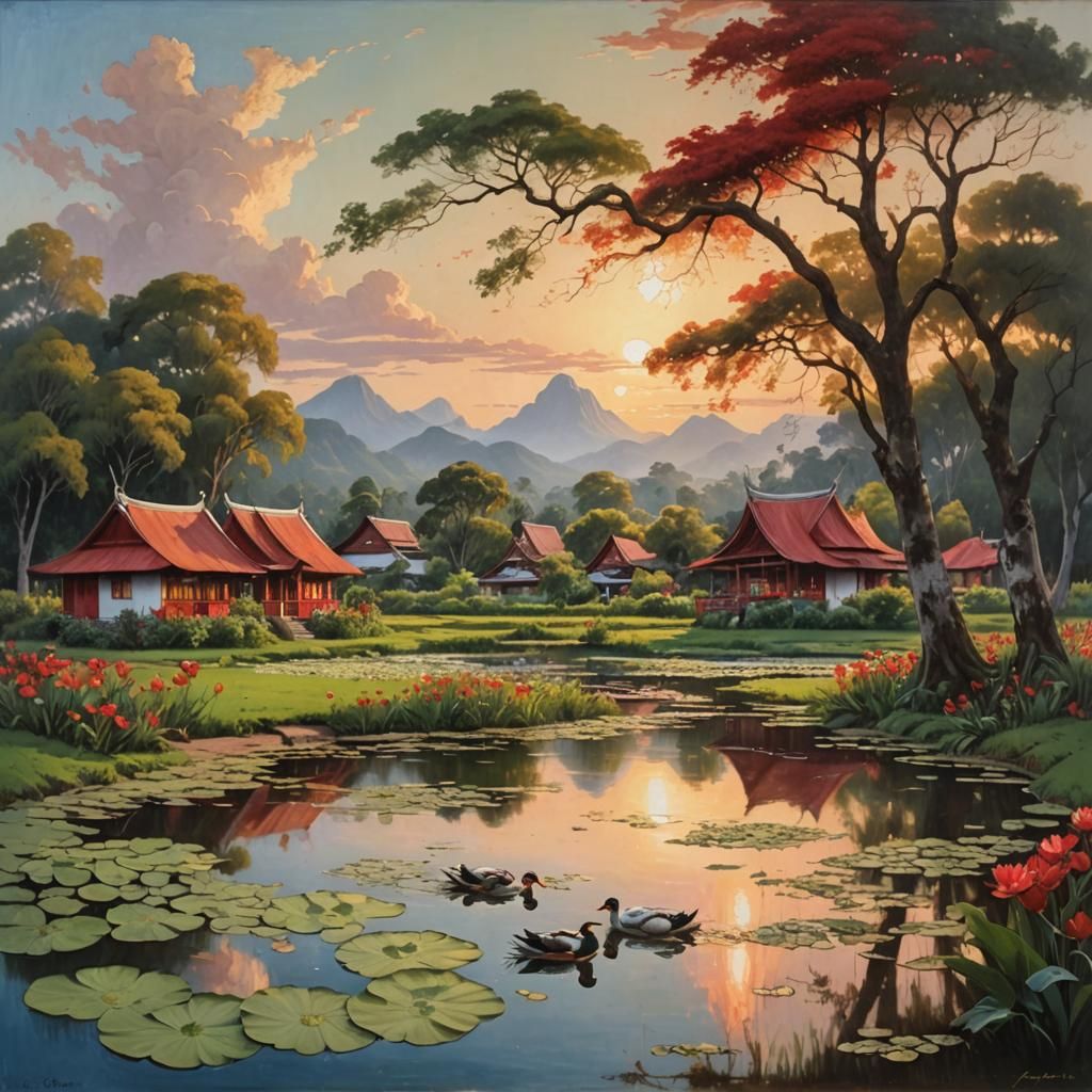Lotus Pond Bath: An Evening Oil Painting
