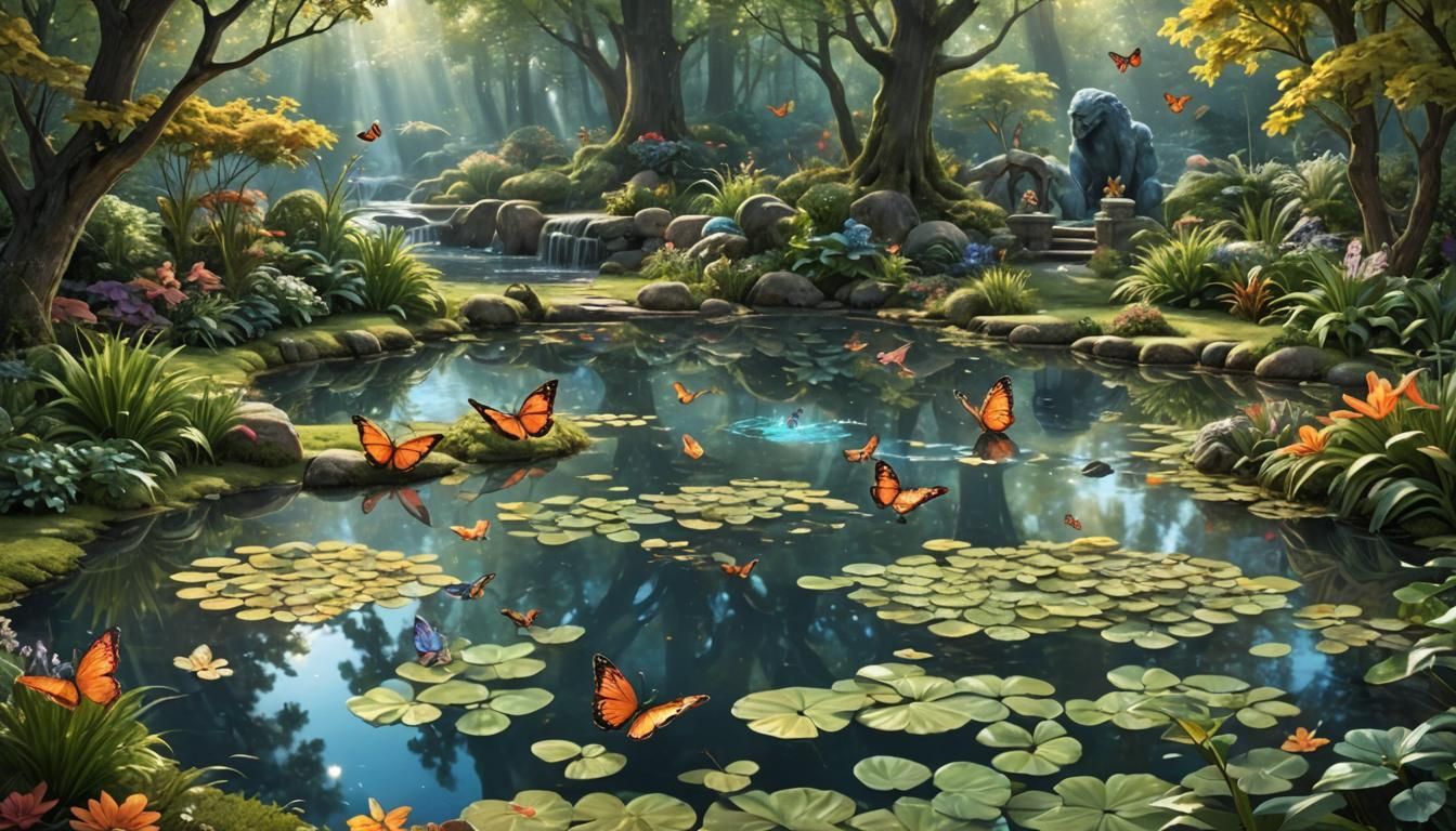 Enchanted Garden with Magical Creatures and Frozen Butterfli...