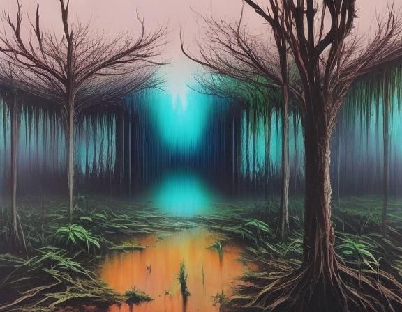 Iridescent Biopunk Mangrove Swamp in Dark City