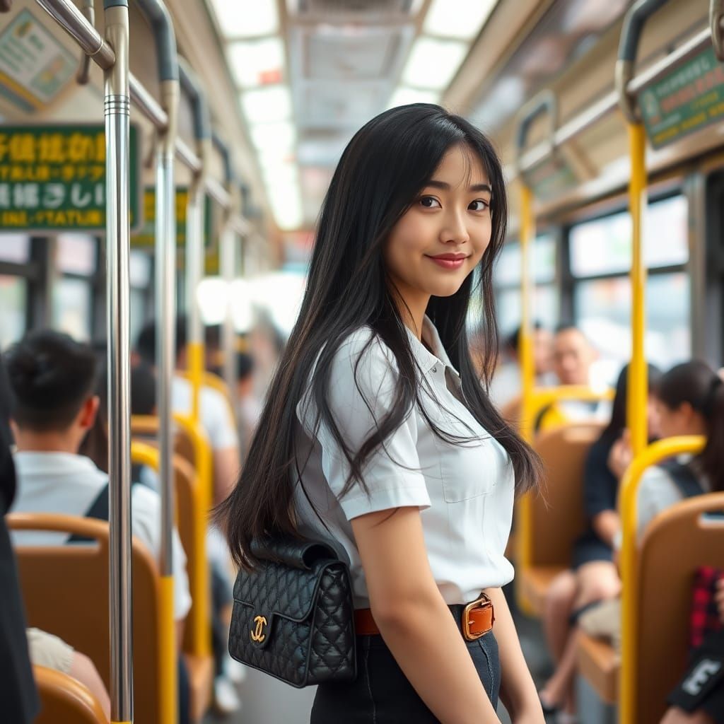 Japanese Woman in School Uniform on Crowded Bus