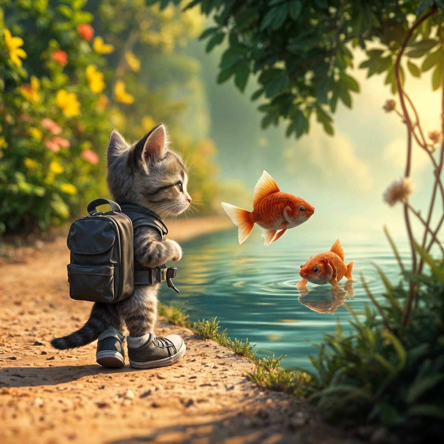 Hyperrealistic Kitten Walks Dusty Road, Gazing at Fish