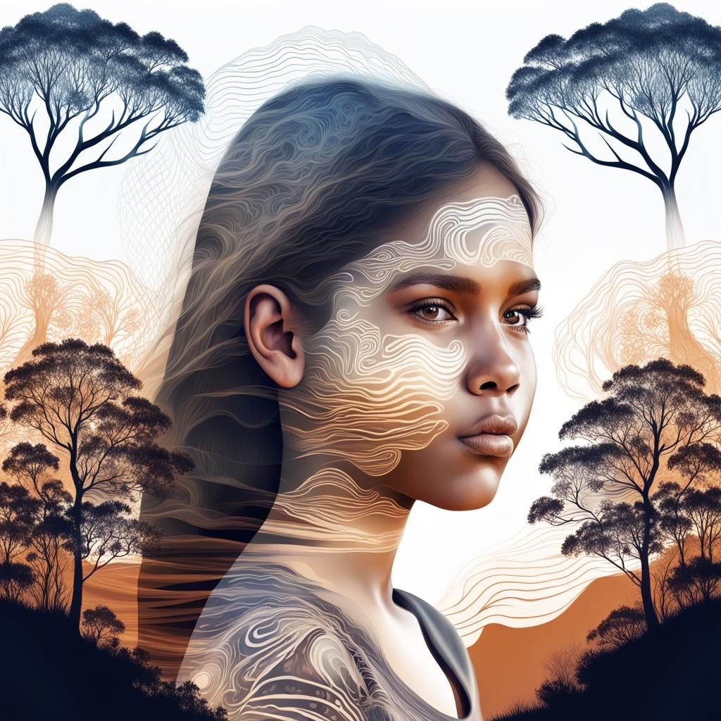 Double Exposure Portrait: Aboriginal Girl in Outback