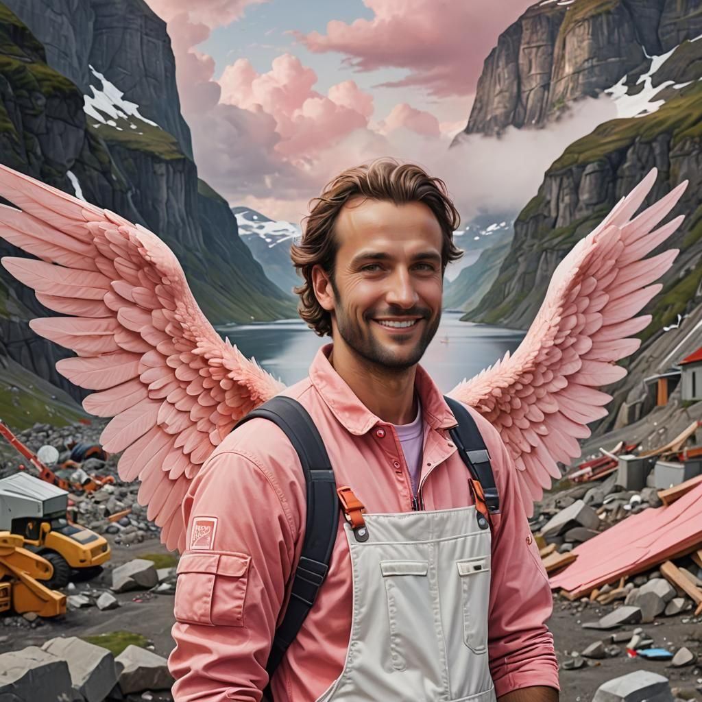 Guardian Angel Constructing Fjords, Hyperrealistic Image