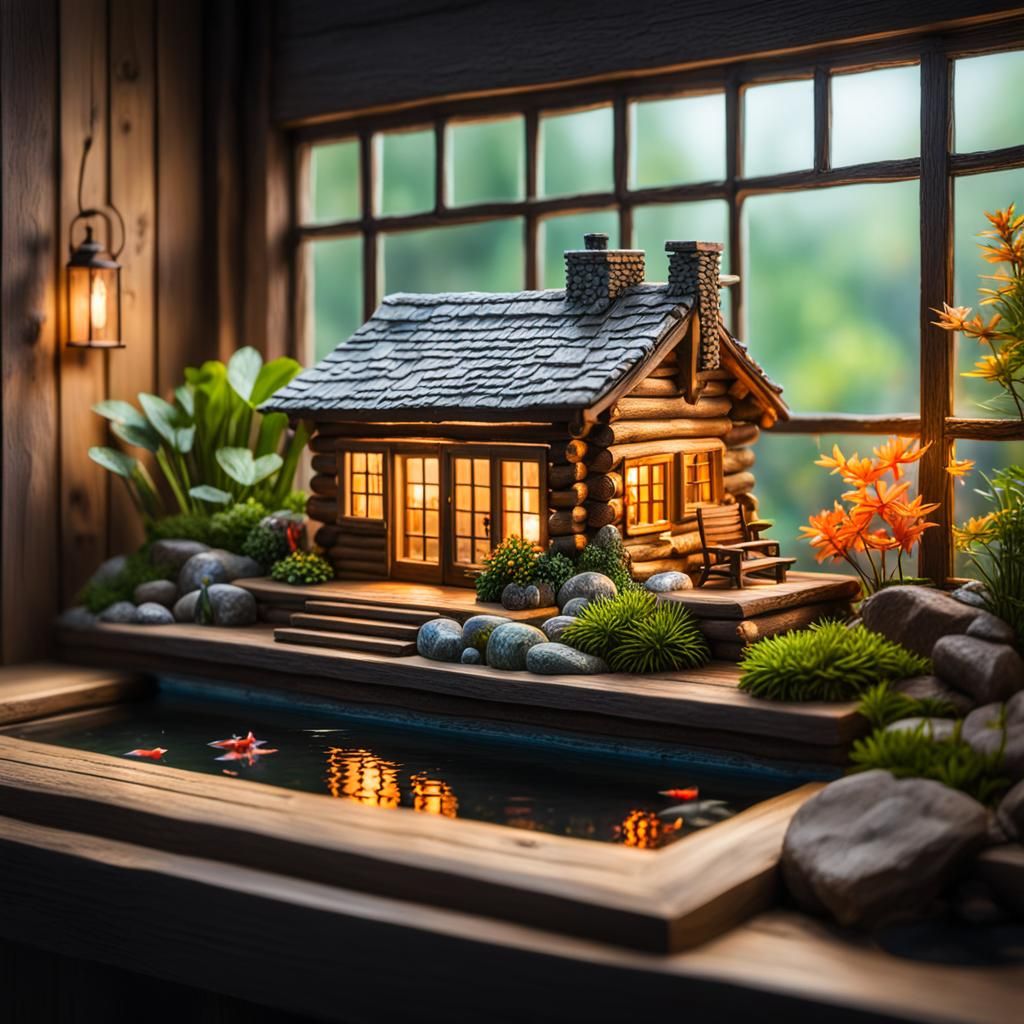 Miniature Log Cabin with Koi Pond: Hyperrealistic Splash Art