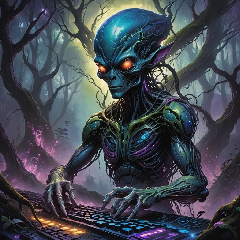 Alien Keyboard Player in Mystical Forest Oil Painting