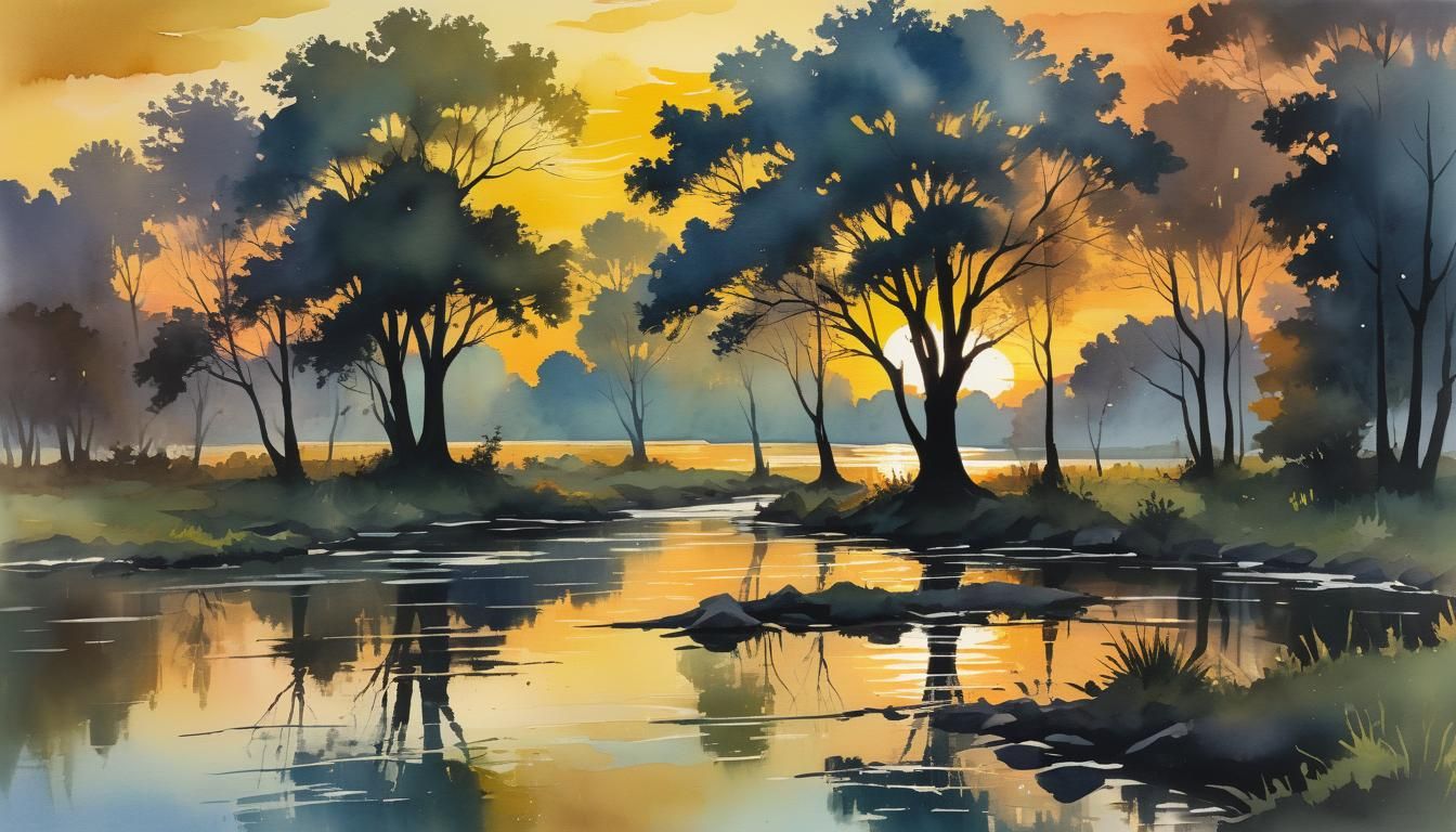 Sunset Silhouette: Impressionist Gouache Nature Art