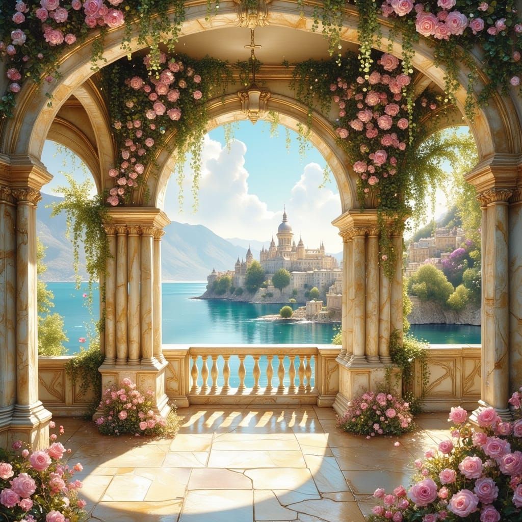 Pastel Impressionistic Mediterranean Sea View with Castle