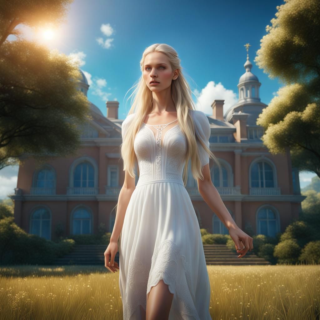 Woman Typing on Lawn in Detailed Matte Painting Style