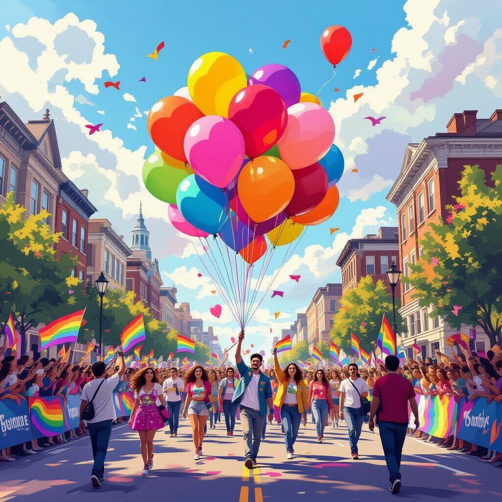 Colorful LGBTQ Pride Parade with Balloons in Digital Art Sty...