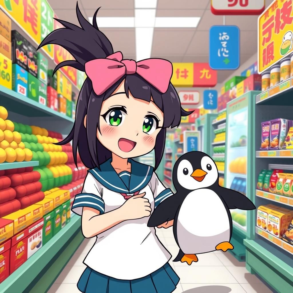 Anime Girl Leads Penguin Through Grocery Store