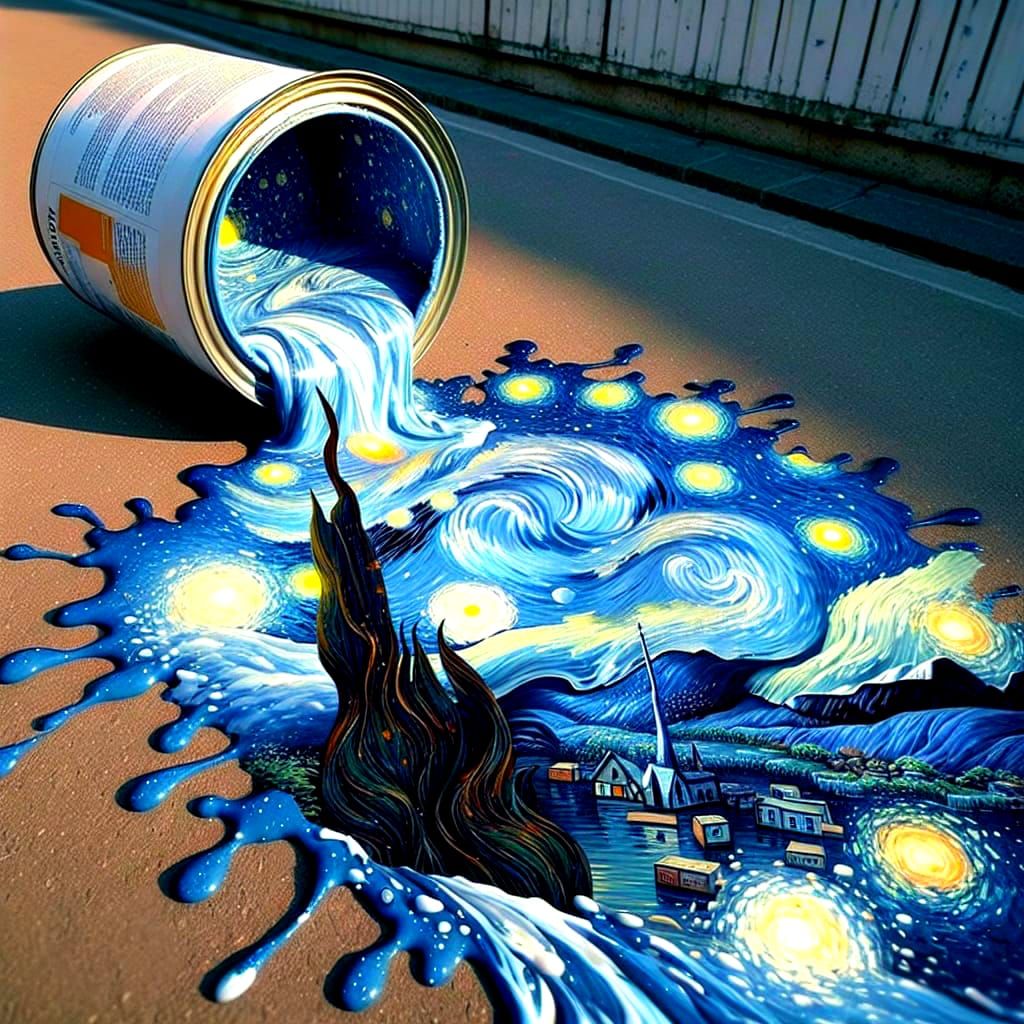 Hyperrealistic Starry Night Paint Can Spill Masterpiece