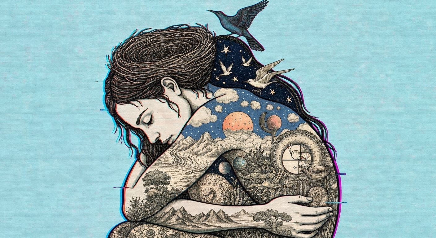 Surreal Dreamscape: Woman Intertwined with Cosmic Nature
