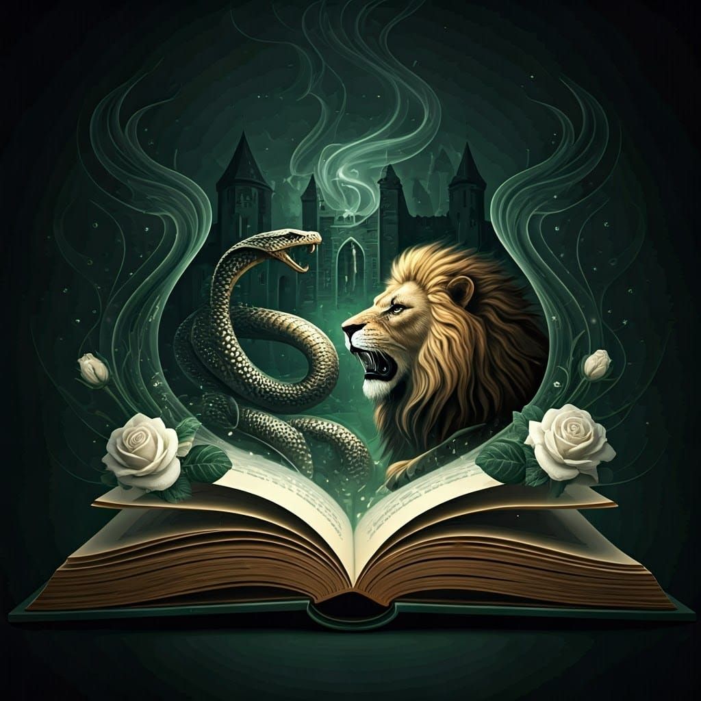 Lion and Serpent Emerge from Book with Castle